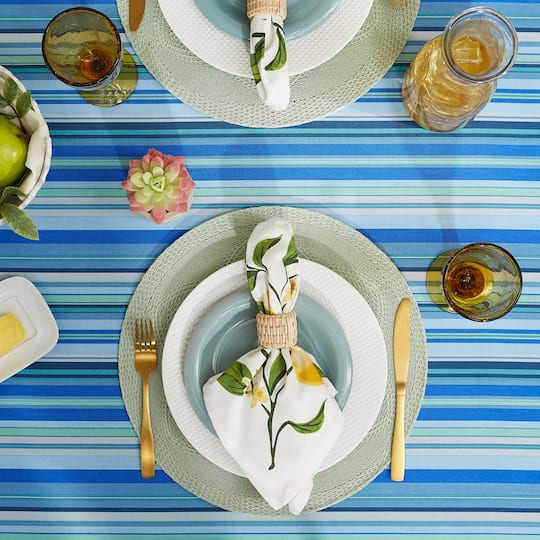 Blue Ocean Stripe Print Outdoor Tablecloth with Zipper, 60" Round